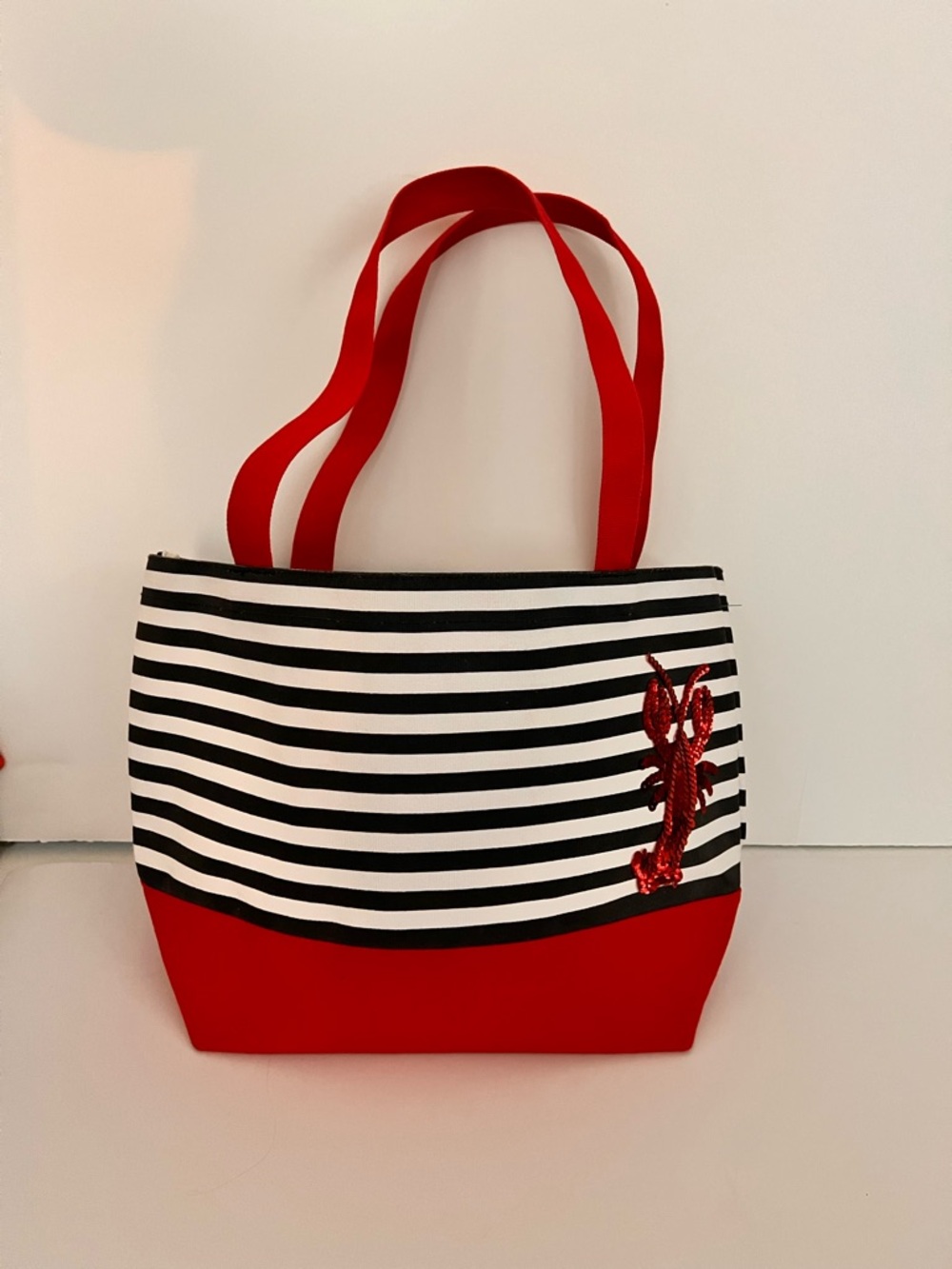 Quacker Factory Black & White Stripe Tote with Red Accents